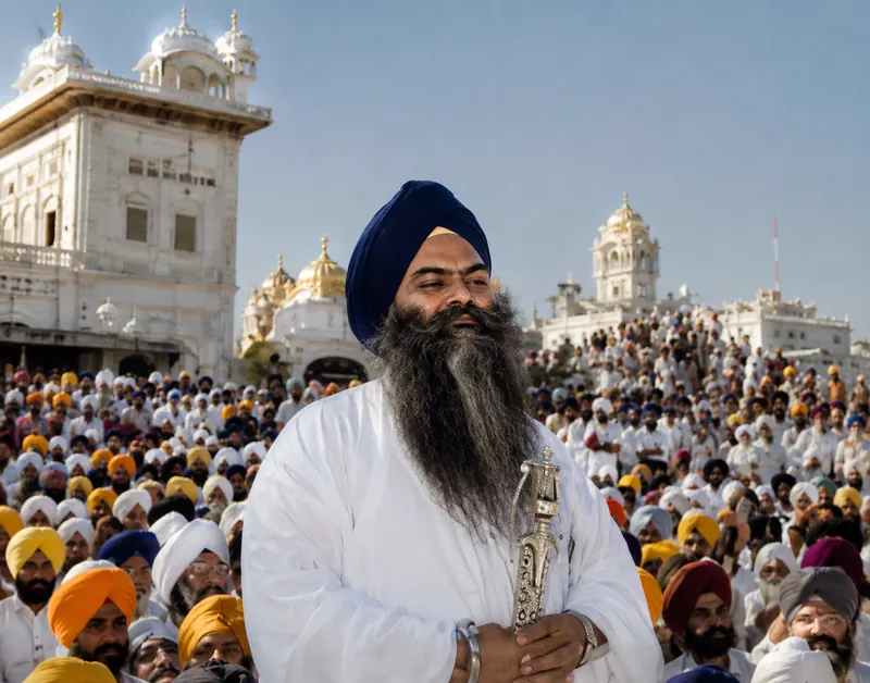 Standing before a large seated sangat with white and gold domes behind.